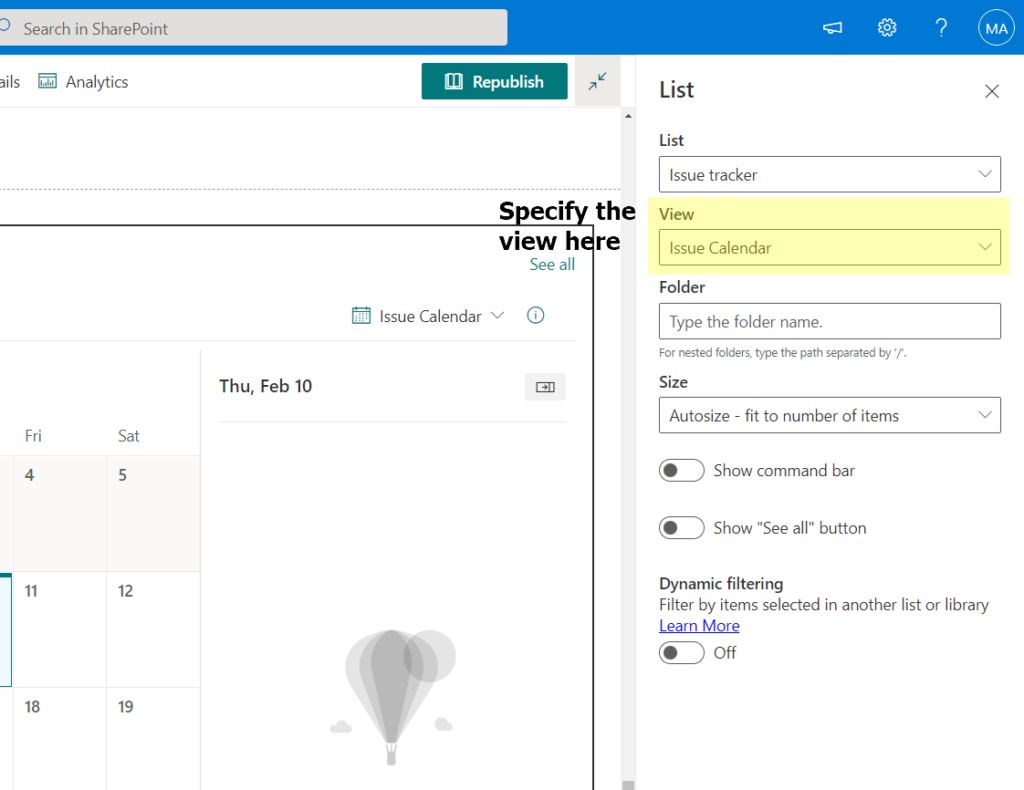 Specify the calendar view on the list web part properties