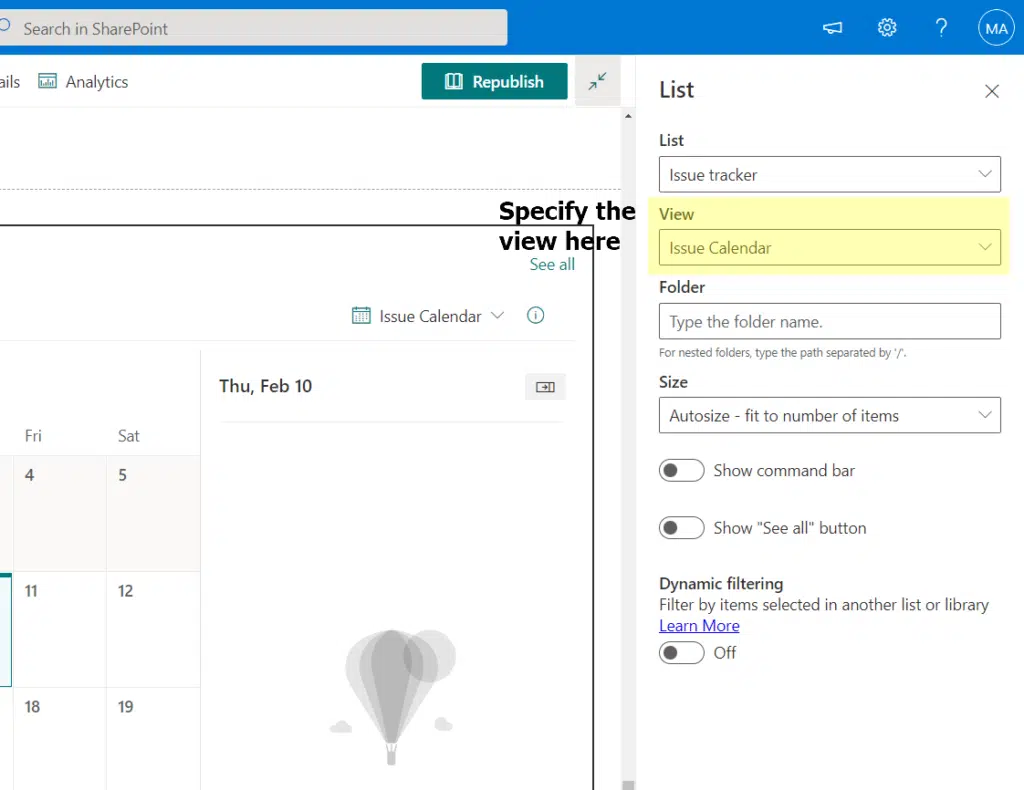 Specify the calendar view on the list web part properties