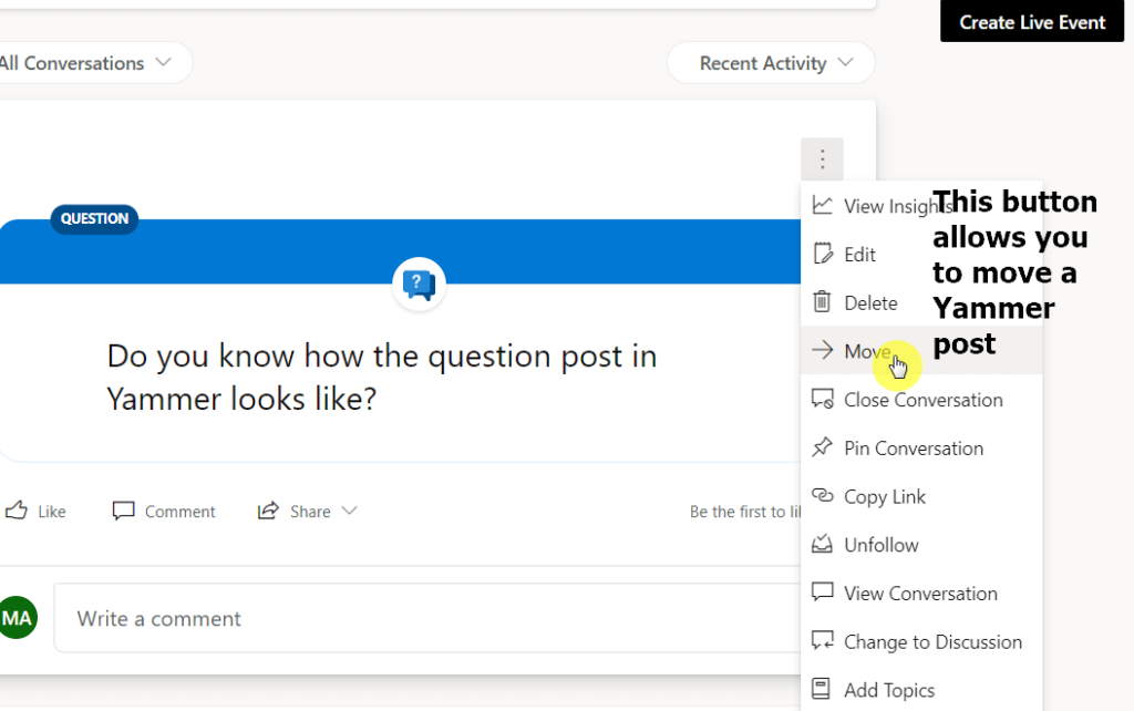 Button on Yammer that allows you to move a post