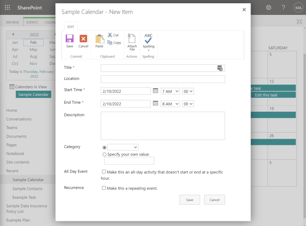 Form to fill out when adding a new item or task to the calendar