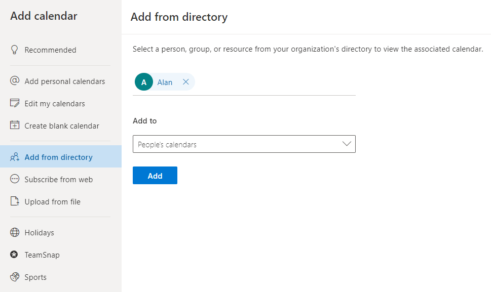 Add a person or group to people calendar