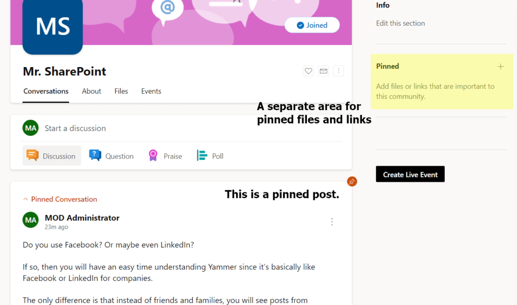 A pinned conversation on Yammer and a pinned area on the sidebar