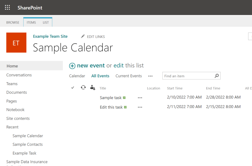 Rows and columns behind the calendar app
