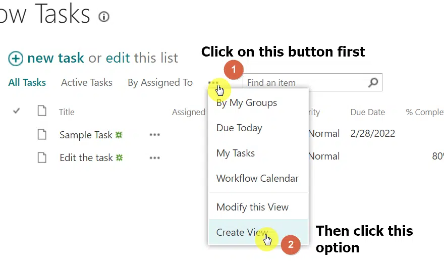 Click on the ellipsis button and then on the create view option