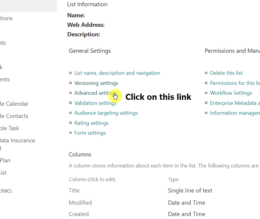 Click on the advanced settings link from the list settings