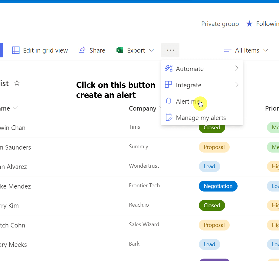 Click on the alert me button on the command bar