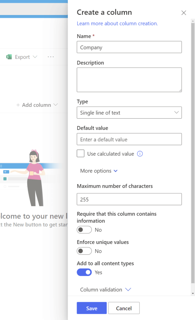 Available options and configurations for a single line of text column