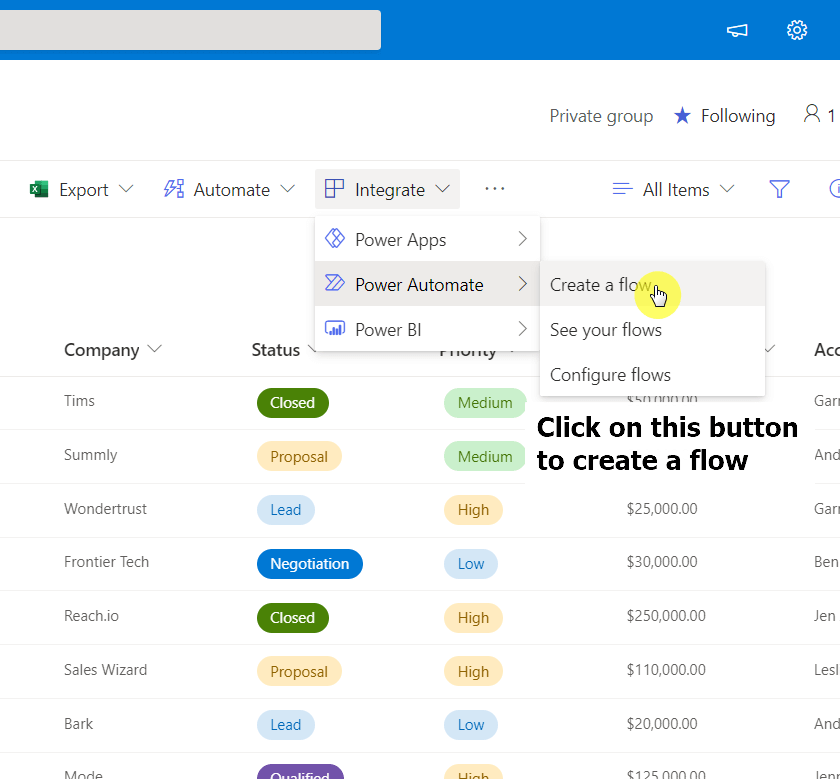 Click on the create a flow button to proceed