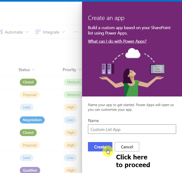 Click on the create button after giving the app a name