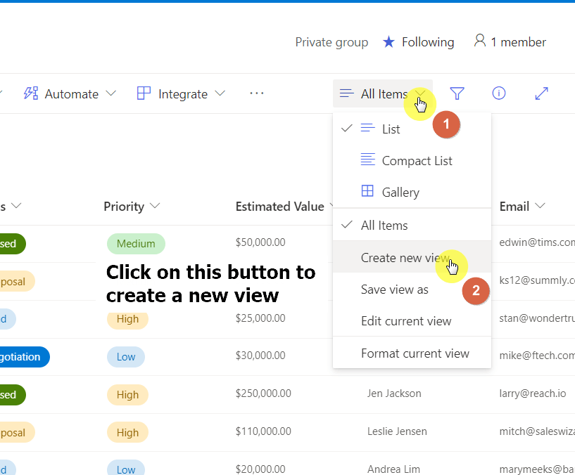 Click on the create new view button on the command bar
