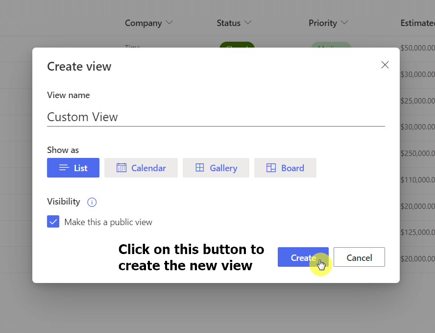 Click on the create button to proceed