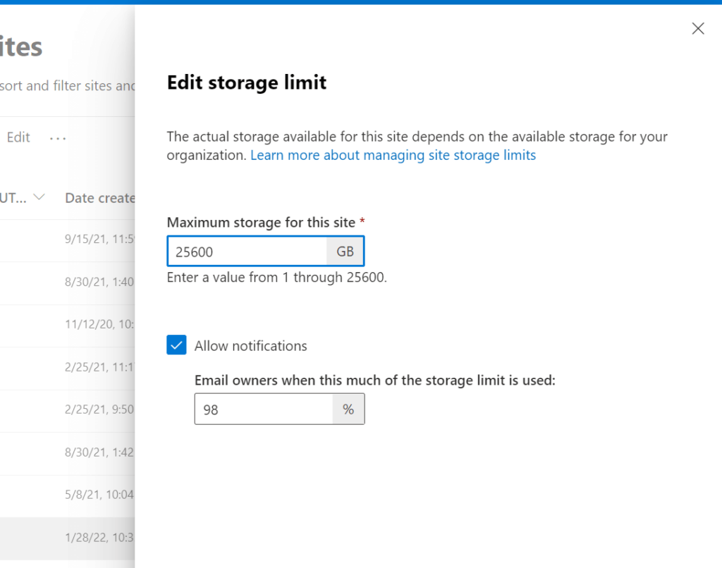 Change the maximum storage for the site collection