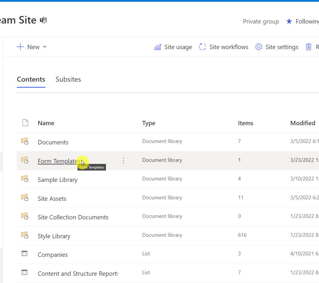 Form templates library located in the site contents page