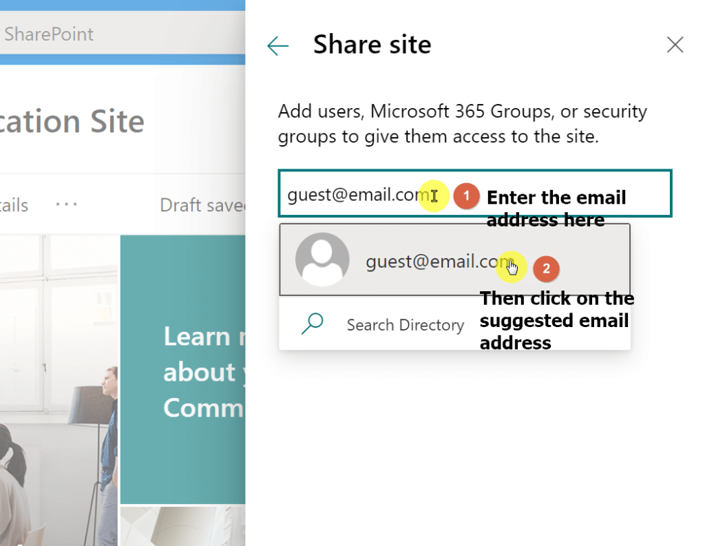 Enter the email address on the form and click on the suggested email address