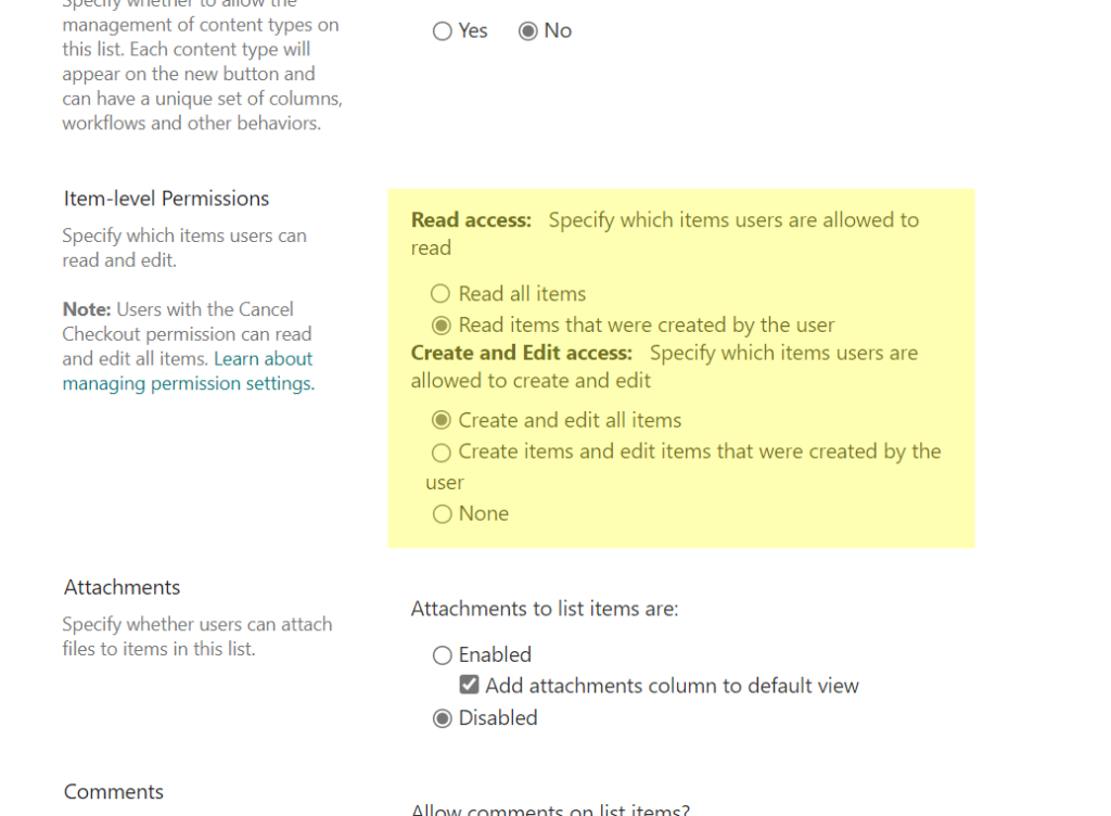 Configure and read access and create and edit success for item-level permissions