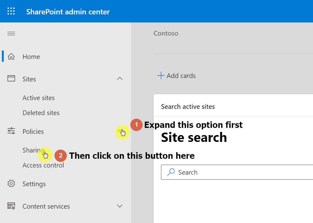 Expand the policies option first and click on the sharing button