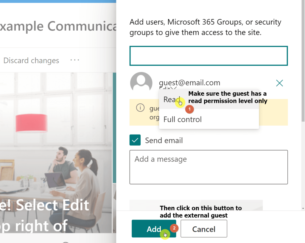 Make sure the guest only has a read permission level and click on the add button