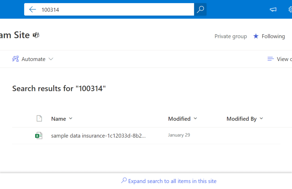 Returning the results when searching for a policy number in the library