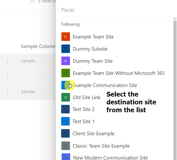 Select the destination site from the list