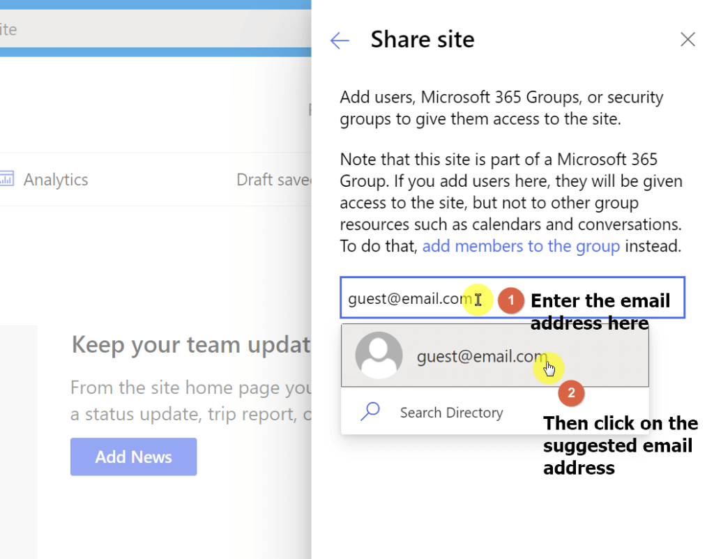 Enter the email address on the form and click on the suggested email address