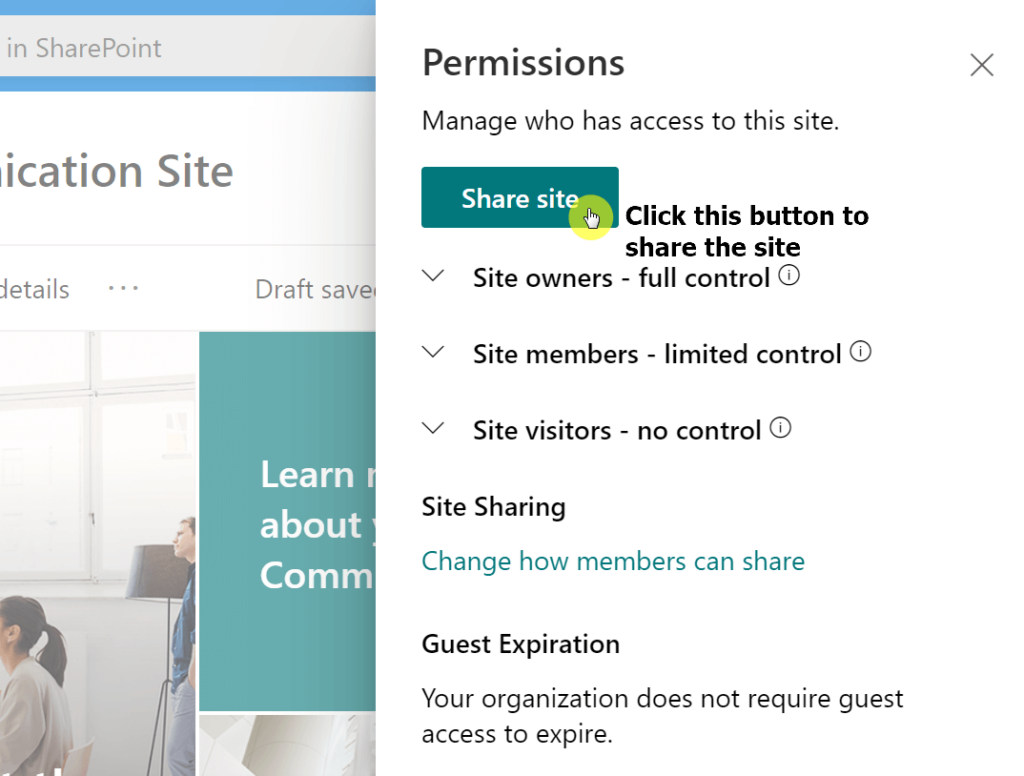 Click on the share site button to begin sharing the site externally