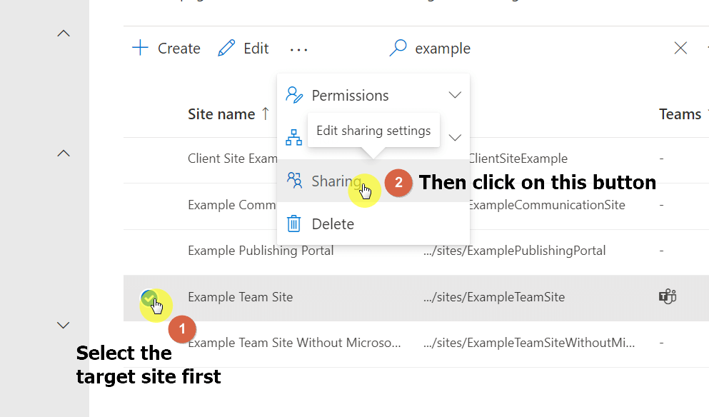 Select the target site first and click on the sharing button