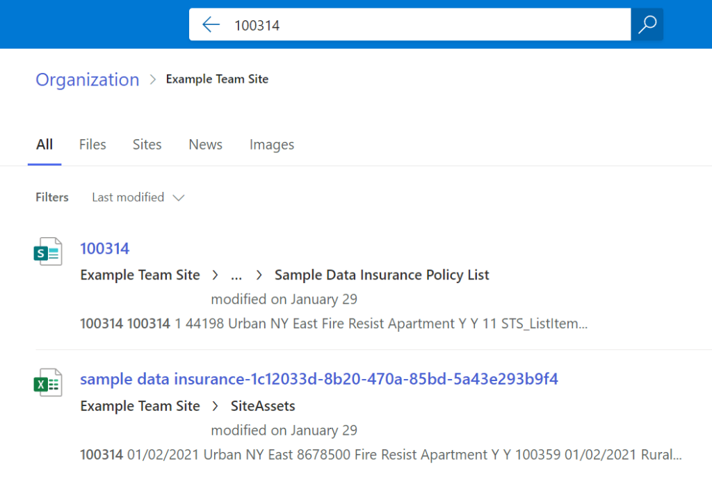 Returning the results when searching for a policy number in the site