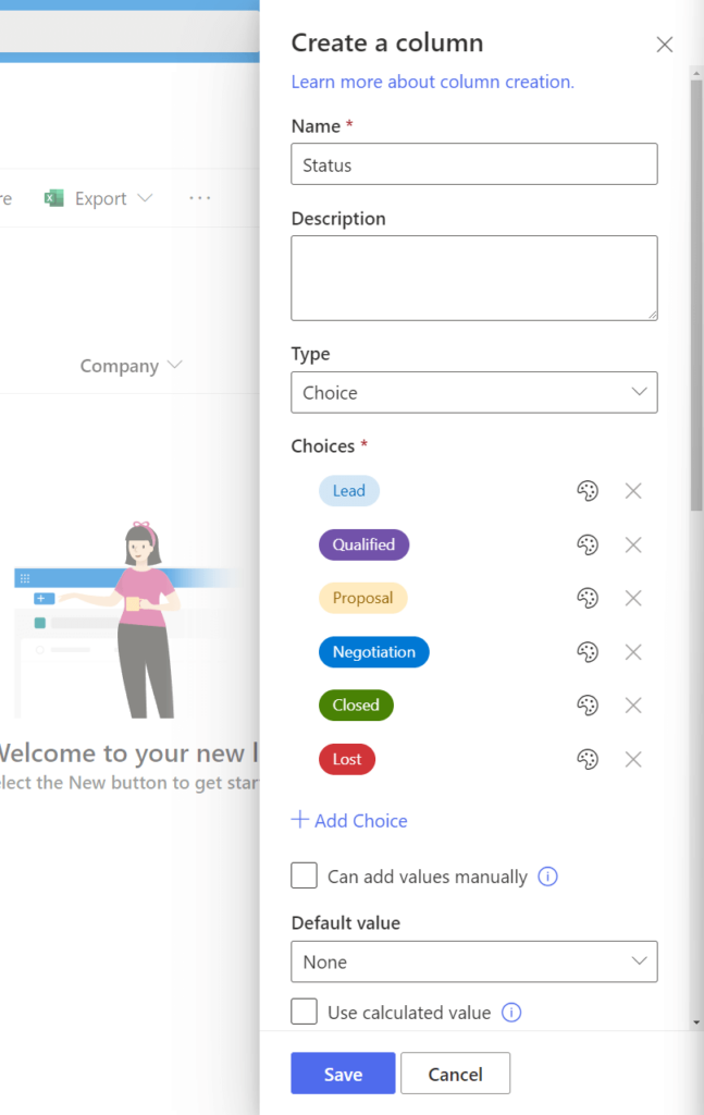 Available options and configurations for a choice column