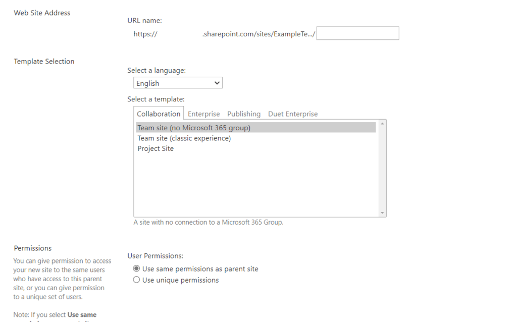 Limited number of site templates for subsites