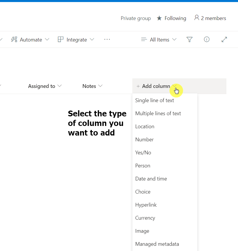 Click the add column header button and select the column type you want to add