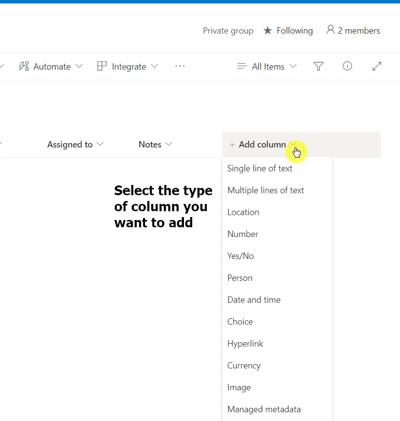 Click the add column header button and select the column type you want to add