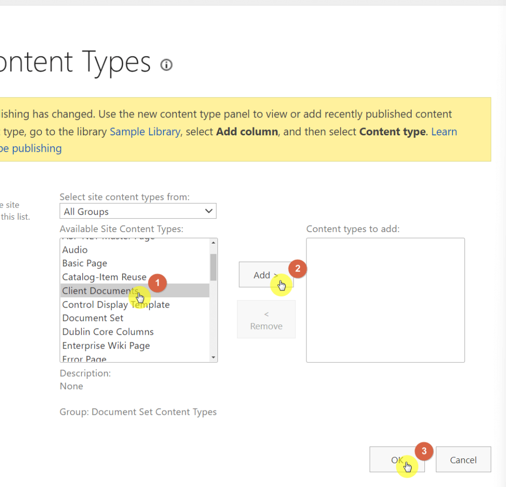 Add the name of your document set to the right box