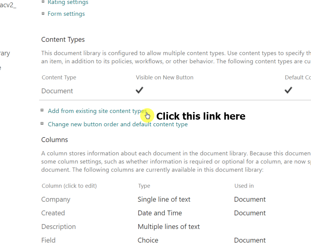 Click the add from existing site content types link