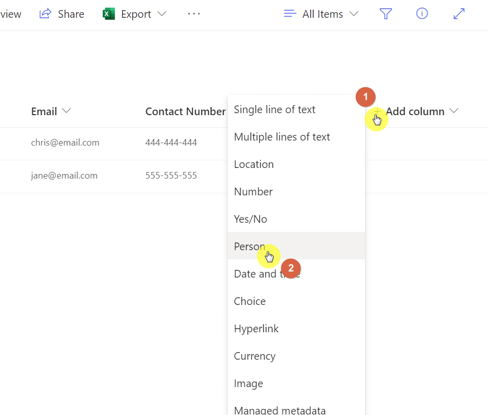 Click on the add column and select person from the options