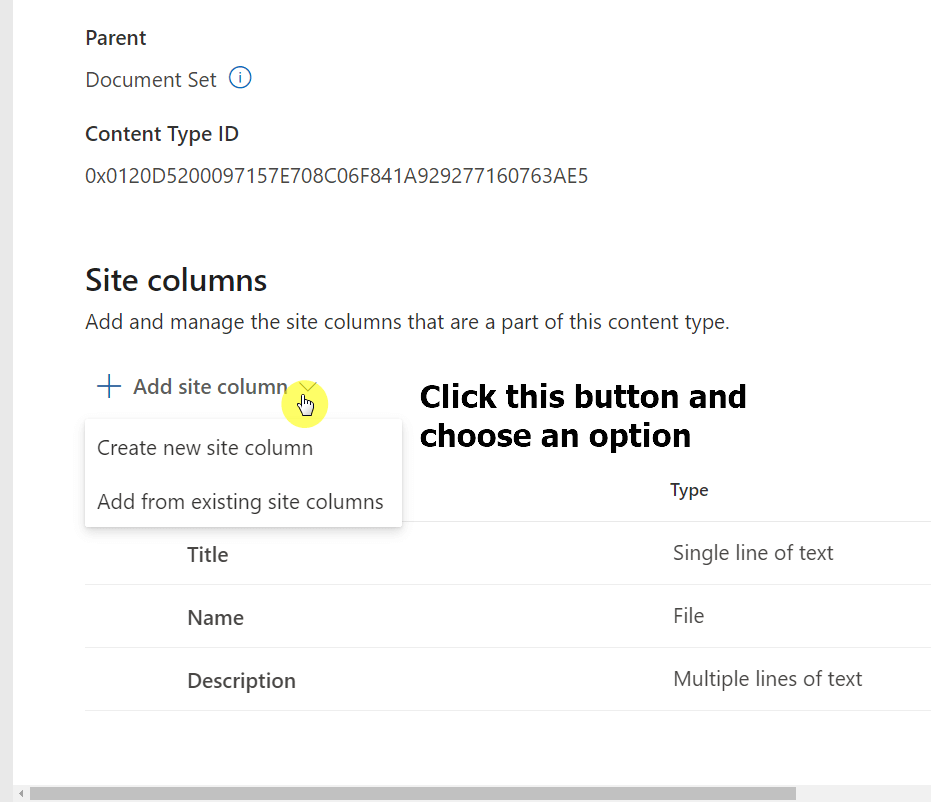 Click on the add site column button and choose an option