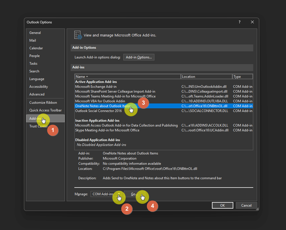Install the onenote notes about outlook items add-in