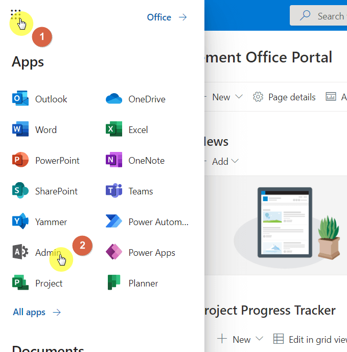 Click on the admin app under the app launcher panel