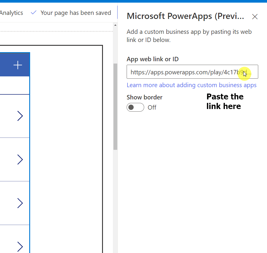 Paste the link on the app web link form while editing the web part