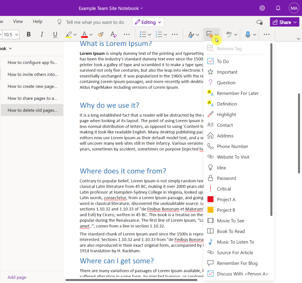 Click the tag button to see all the tags in OneNote