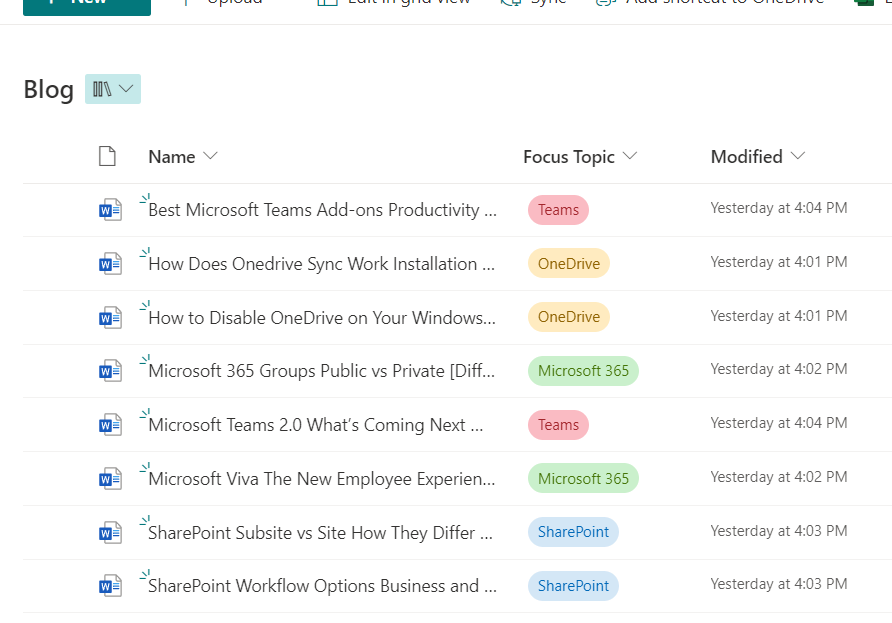 Sample document library named blog