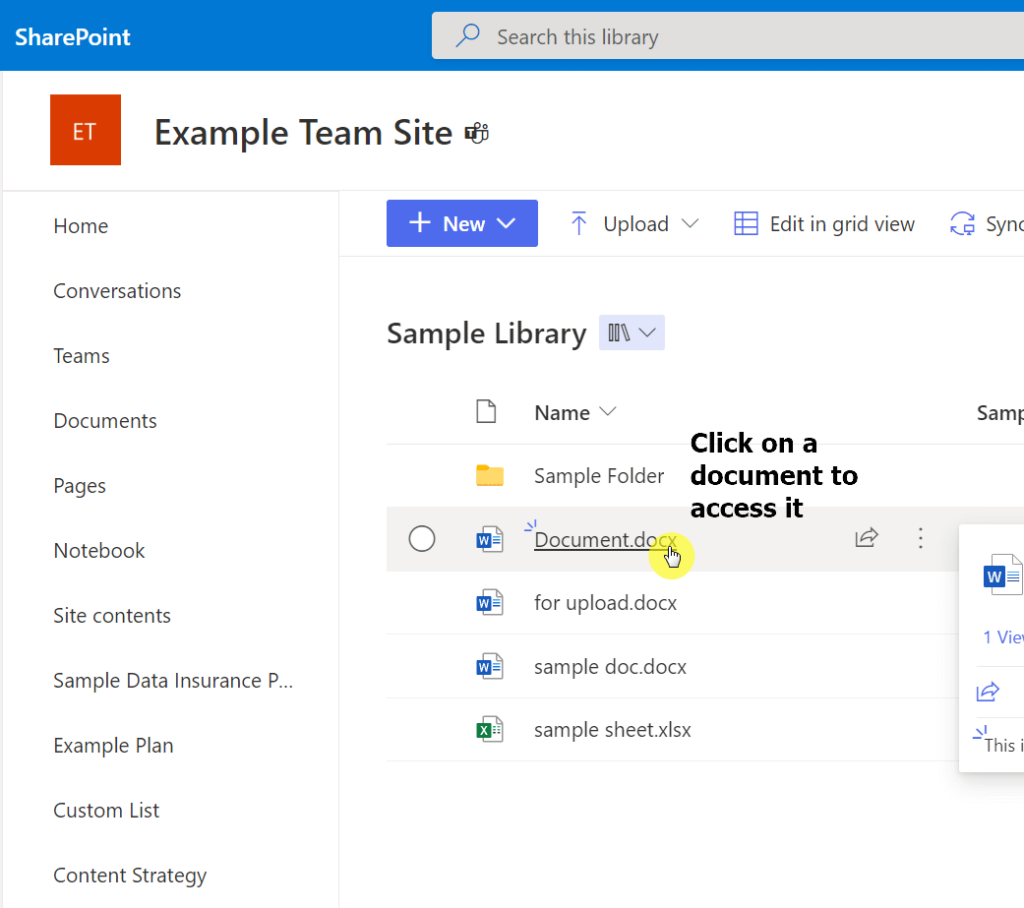 Click on a document inside the library to access it