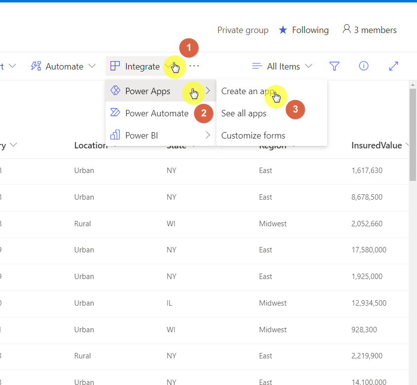 Click on the create an app option in the command bar under the integrate menu