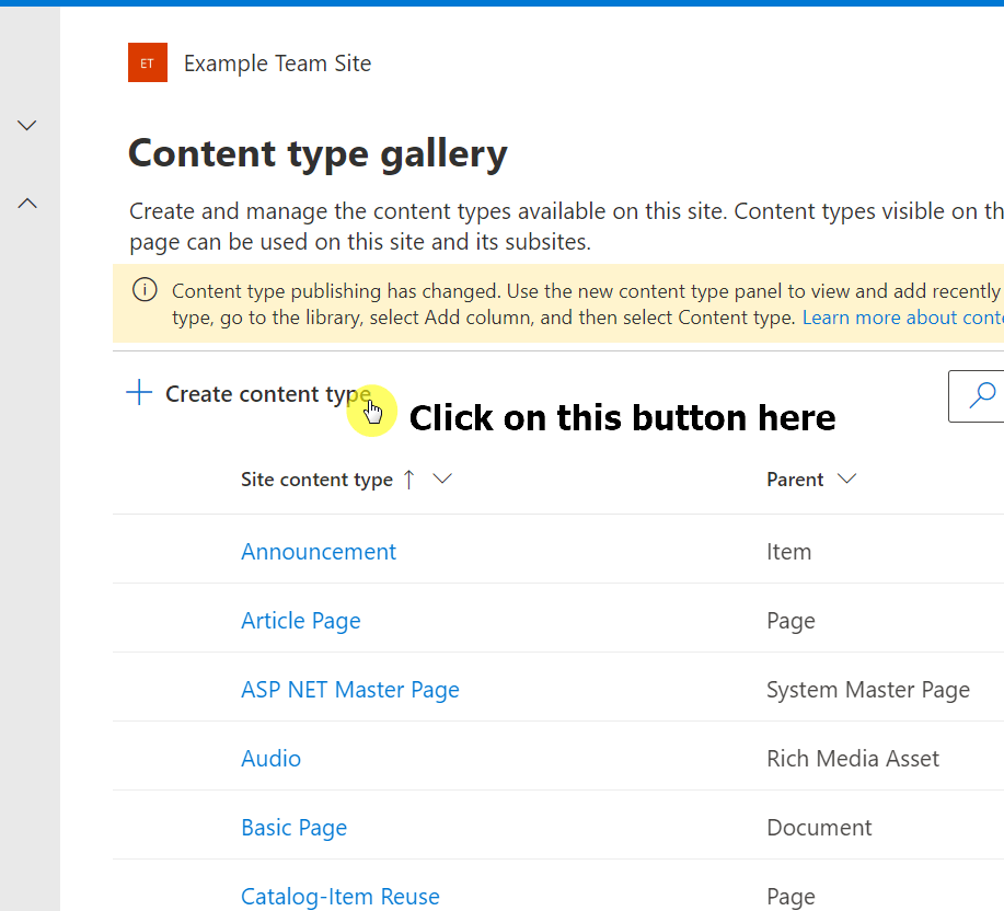 Click on the create content type button