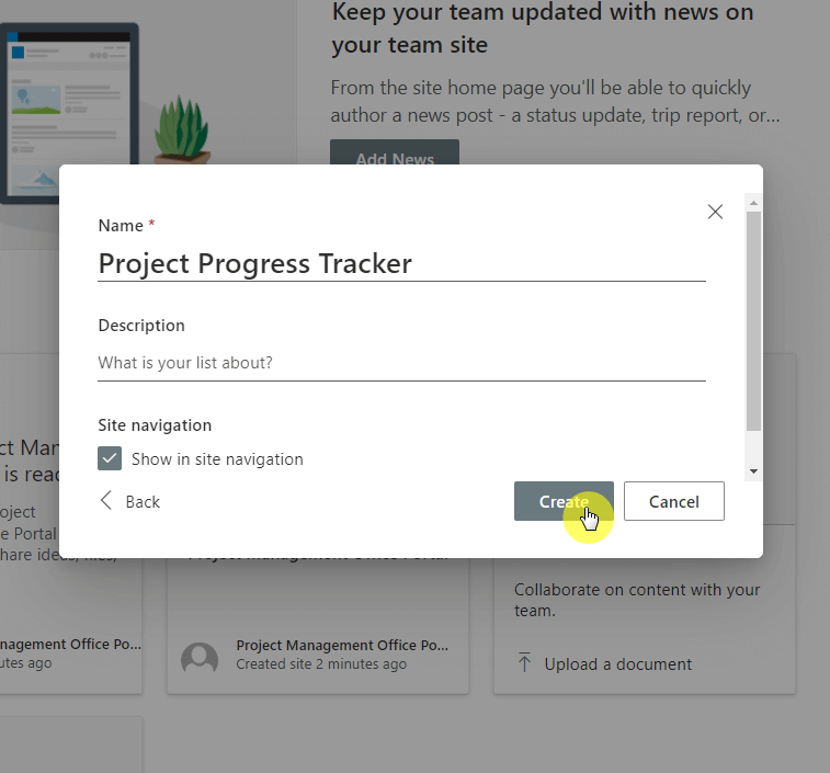 Click on the create button to continue