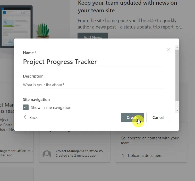 Click on the create button to continue