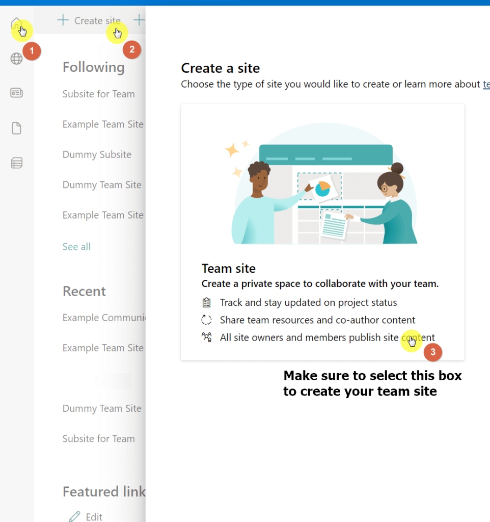 Click on the team site box on the create a site panel