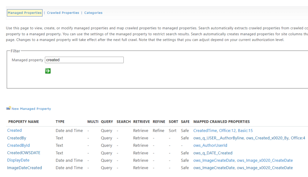 Found lots of search results on managed properties for created