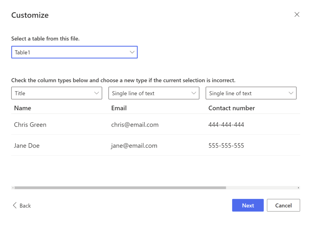 Customize the columns from the uploaded Excel file