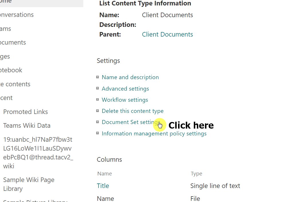 Click on the document set settings link