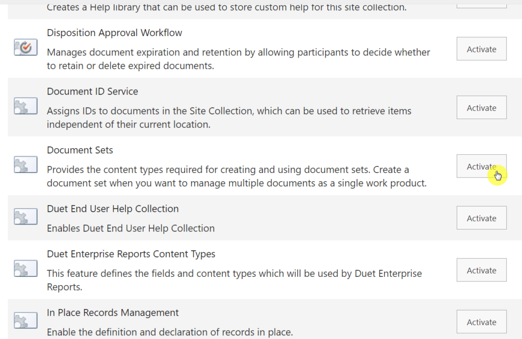 Activate the document sets feature on the site collection settings